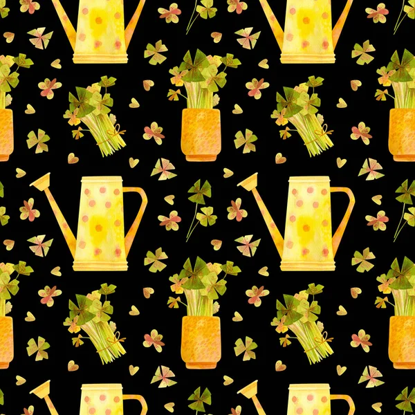 Printemps Jardin Motif Sans Couture Arrosoir Jaune Semis Oxalis Dessin — Photo