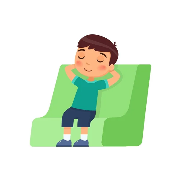 少年は目を閉じて 頭の後ろに手を置いて椅子に座っていた 休息とリラクゼーションの概念 白い背景に孤立した漫画のキャラクター 平面ベクトルカラーイラスト — ストックベクタ