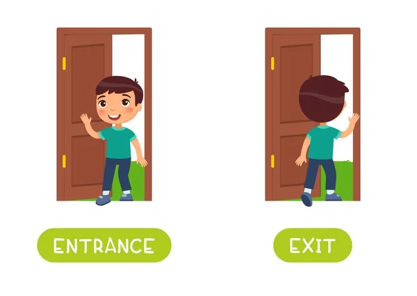 Entrance Exit Word Card Vector Template Opposites Concept Flashcard English — Stock Vector
