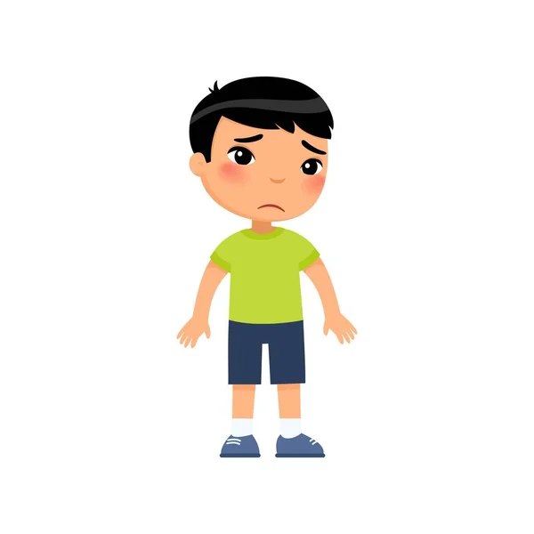悲しみ小さなアジアの少年フラットベクトルイラスト 漫画のキャラクターだけで立って動揺した子供 悪い気分の孤独な子供 白い背景に隔離された人の不幸な表現 — ストックベクタ