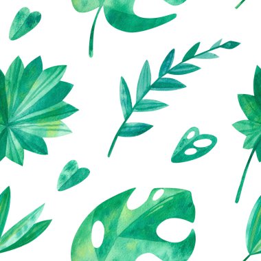 Yaz mevsimi suluboya kusursuz desen. - Egzotik orman, canavar yaprakları, yapraklar, bitkiler. Tropik egzotik yeşiller suluboya çizimleri. Duvar kağıdı, ambalaj kağıdı tasarımı, tekstil, hatıra defteri, dijital kağıt