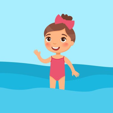 Mayo giymiş küçük bir kız düz vektör çizimi yapıyor. Güzel çocuk suda eğleniyor, el sallıyor. Mayolu neşeli çocuk yaz etkinliklerinin tadını çıkarıyor. Çizgi film karakteri.