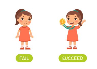 Kelime kartı şablonunun karşıtını bul ve başarılı ol. Konseptin zıttı. İngilizce öğrenmek için flashcard. Şanslı kazanan madalyayla Ve küçük üzgün kız kaybetti.