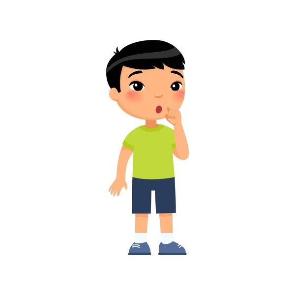 Μικρό Ασιατικό Αγόρι Δείχνει Σιωπηλή Χειρονομία Επίπεδη Διανυσματική Απεικόνιση Παιδί — Διανυσματικό Αρχείο