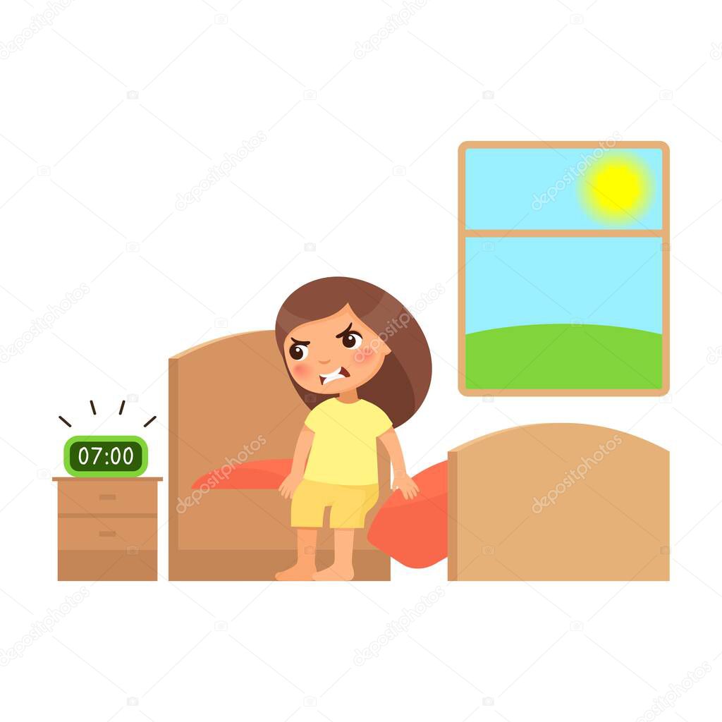 Unhappy little girl sits on the bed and is angry at the sound of the alarm clock. Concept of aggressive behavior, child psychology. Cute cartoon characters isolated on white background. Flat vector color illustration. 