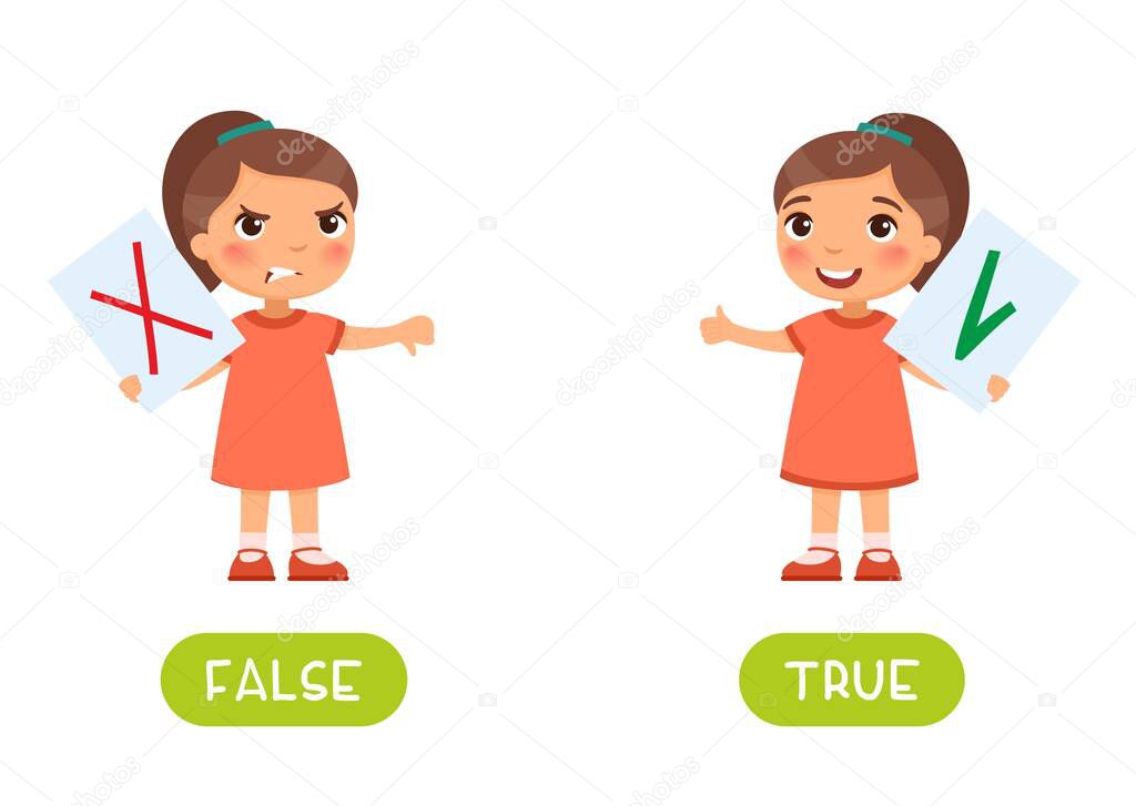 False and true antonyms word card vector template. Opposites concept. Flashcard for english language learning. Little girl protests against a lie, a child expresses positiveness for the truth.