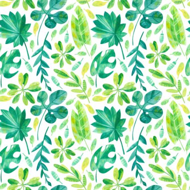 Egzotik orman yaprakları, canavar yaprakları, muz yaprakları, yapraklar, bitkiler. Yaz mevsimi havası kusursuz. Tropik egzotik yeşiller suluboya çizimleri. Duvar kağıdı, ambalaj kağıdı tasarımı, tekstil, hatıra defteri, dijital kağıt