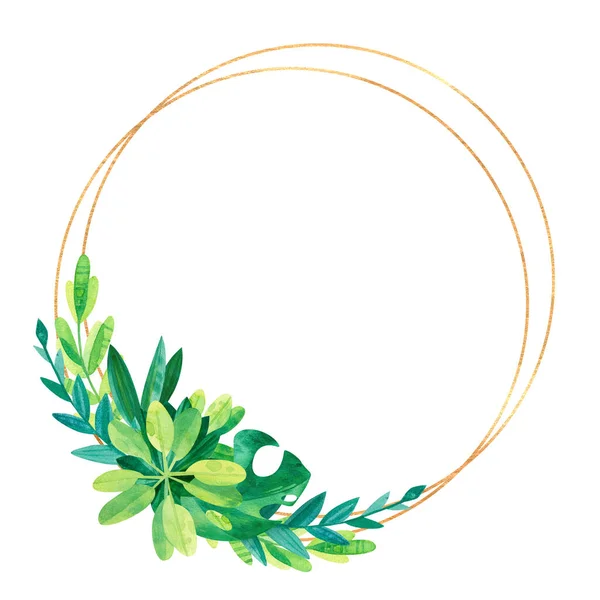 Empty golden round frame with tropical leaves.Jungle composition hand drawn illustration.  Wedding invitation. Elegant green template on white background.Blank frame with exotic leaves composition isolated on white background.
