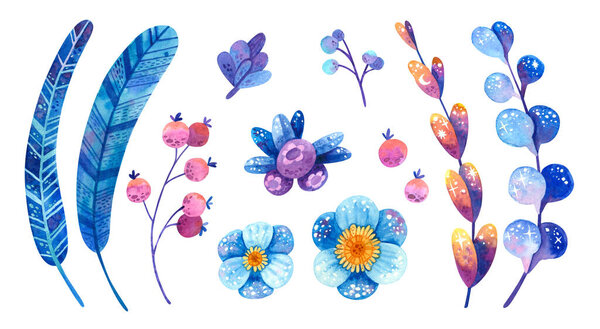 Blue and purple cosmic plants with symbols of stars and the moon. Feathers, flowers, leaves, berries. Watercolor illustrations set. Clipart collection for postcard, banner design element.