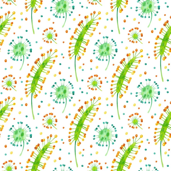 Exotic jungle sundew. Summer season mood flat watercolor seamless pattern. Tropical exotic greens watercolor illustration. Wallpaper, wrapping paper design, textile, scrapbooking, digital paper