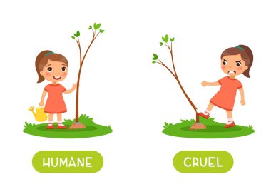 İnsancıl ve zalim karşıt anlamlı sözcükler kelime vektör şablonu. Konseptin zıttı. İngilizce öğrenmek için flashcard. Küçük kız bir ağaç dikmiş, öfkeli bir çocuk bitkiyi kırmış..