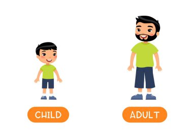 Zıtlıklar, yaş kavramı, ADULT ve ÇOCUK. Yabancı dil eğitimli hafıza kartı şablonu. İngilizce öğrenmek için kelime kartı. Asyalı yetişkin bir adam ve tipografisi olan küçük Asyalı çocuk.