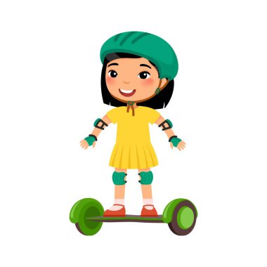 Gyroscooter düz vektör illüstrasyonlu küçük sporcu. Kendini dengeleyen çizgi film karakteri sevimli çocuk. Modern elektrikli taşımacılığa sahip küçük Asyalı kız. Eğlence ve eğlence konsepti