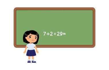 Küçük Asyalı kız okul yönetim kurulundaki zor örneği çözemiyor. Üzgün liseli kız düz vektör çizimi. Çocuk matematiksel sorunun cevabını bilmiyor.