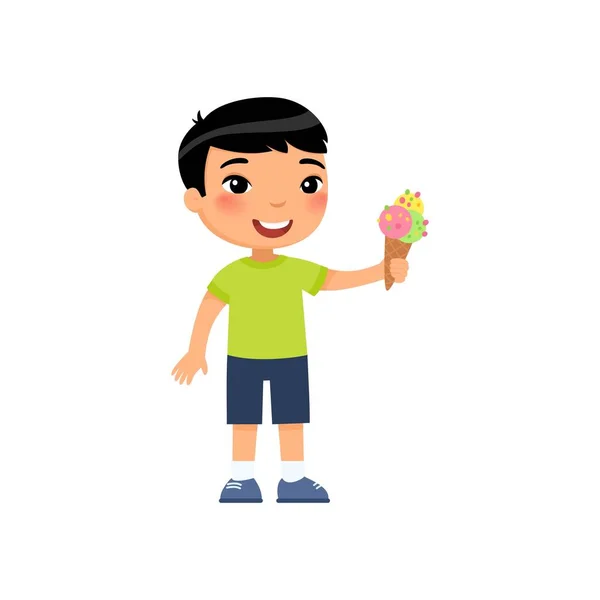 Симпатичный Азиатский Мальчик Плоской Векторной Иллюстрацией Мороженого Счастливый Ребенок Сладким — стоковый вектор
