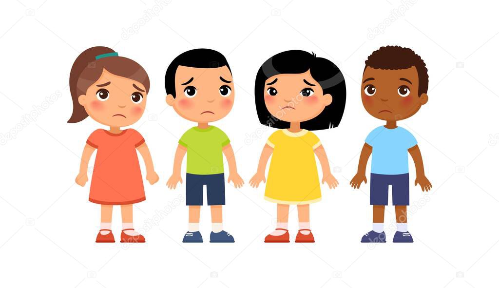 International group of little sad children. Punishment for bad behavior. Cute cartoon characters isolated on white background. Flat vector color illustration. 