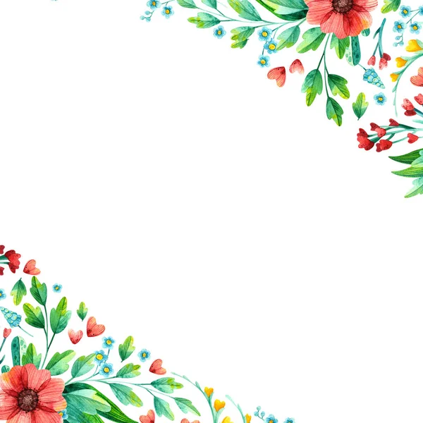 Parlak bahar çiçekleri olan boş kare çerçeve el çizimi. Çiçekli sınır suluboya çizimi. Beyaz arkaplanda izole edilmiş çiçekli boş çerçeve