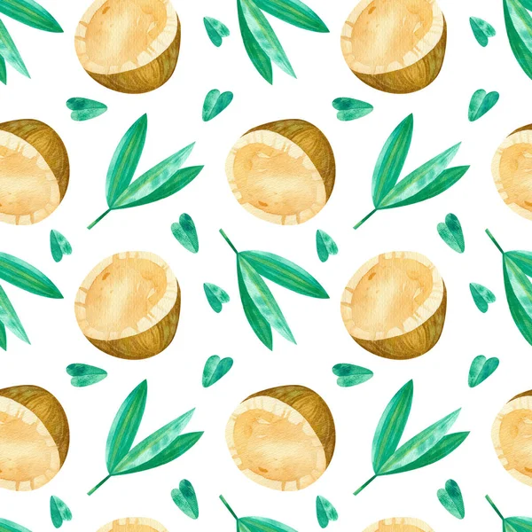 ココナッツと緑の葉はシームレスなパターンを描く 夏のトロピカルフルーツと葉が手描きの食感 水彩画の創造的な壁紙 包装紙 テキスタイルデザイン スクラップブッキング デジタルペーパー — ストック写真