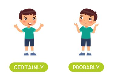 Certainly and probably antonyms word card vector template. Flashcard for english language learning. A little boy shows thumbs up as a sign of agreement, a child throws up his hands as a gesture 