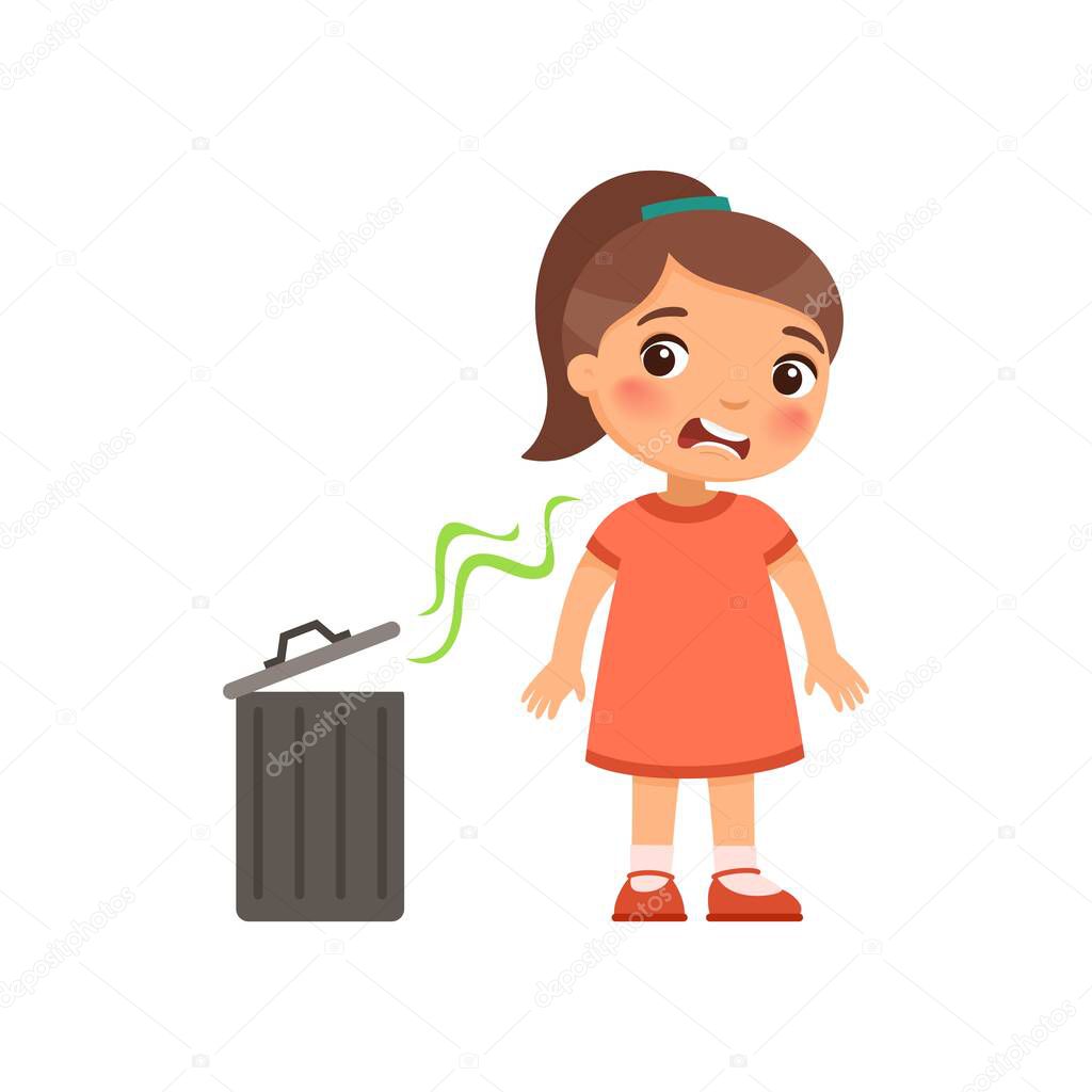 The little girl does not like the bad smell from the trash can. Expression of emotion on the face of a child. Cartoon character isolated on white background. Flat vector color illustration.