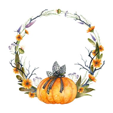 Cadılar Bayramı Partisi Davetiyesi, boş şablon. Balkabağı ve sonbahar çiçekli çelenk. Beyaz arkaplanda suluboya çizimi