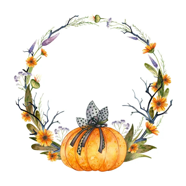 Cadılar Bayramı Partisi Davetiyesi, boş şablon. Balkabağı ve sonbahar çiçekli çelenk. Beyaz arkaplanda suluboya çizimi