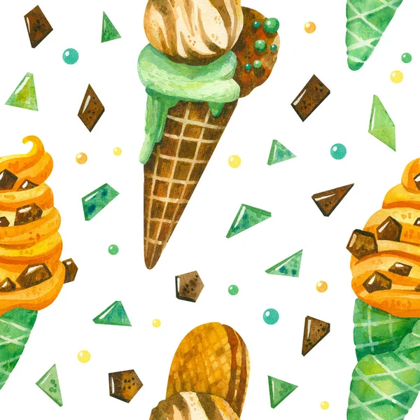 Sorvete Chocolate Fichas Mão Desenhado Sem Costura Padrão Sobremesas Verão — Fotografia de Stock