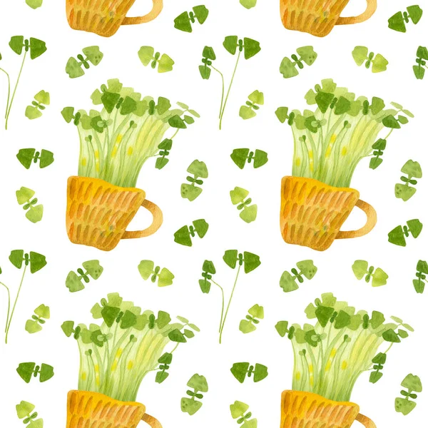 緑のバジルの苗とかわいいセラミックカップ 明るい春の作物 新鮮なマイクログリーン クレスサラダ 庭の季節 手描き水彩シームレスパターン 包装紙のデザイン スクラップブッキング デジタルペーパー — ストック写真