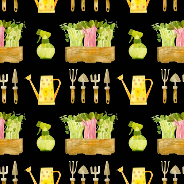 苗付きのガーデンツールと木製の箱 新鮮なマイクログリーン クレスサラダ 手描き水彩シームレスパターン 包装紙のデザイン スクラップブッキング デジタルペーパー — ストック写真