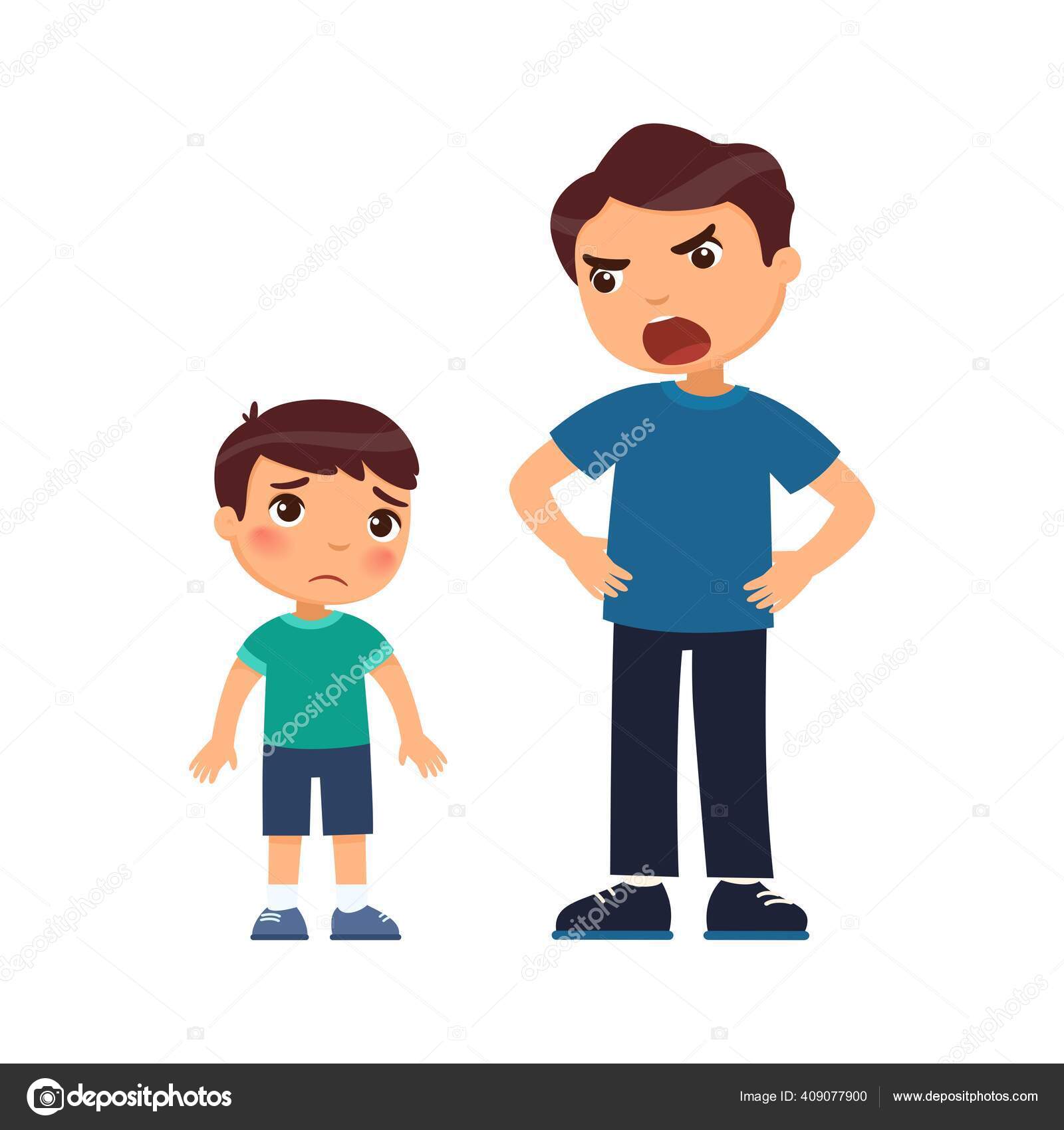 父親は怒って小さな悲しい息子を叱る 虐待的な子育ての概念 白い背景に孤立した漫画のキャラクター 平面ベクトルカラーイラスト ストックベクター  ©ValinMalin 409077900, image size:1600x1700
