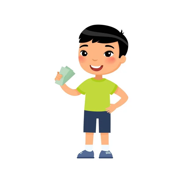 Μικρό Ασιατικό Αγόρι Χρήματα Στο Χέρι Επίπεδη Διανυσματική Απεικόνιση Πλούσιο — Διανυσματικό Αρχείο