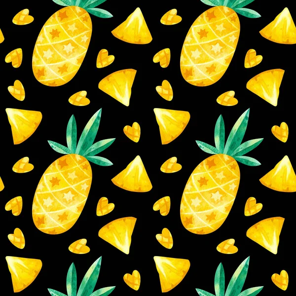 Pineapples Drawings Seamless Pattern Dark Background Summer Tropical Fruits Hand — Stock Photo, Image