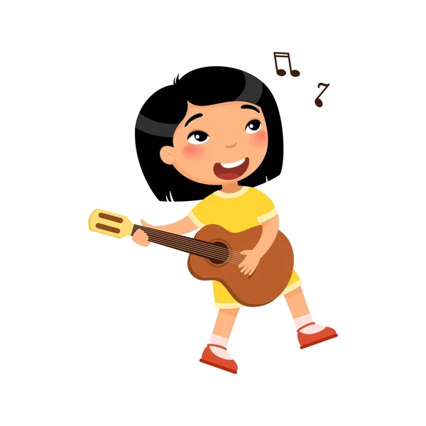 亚洲女孩弹吉他和唱歌曲平面矢量插图 年轻的女卡通人物手持乐器 有才华的儿童业余爱好 与白人背景隔离的闲暇 — 图库矢量图片