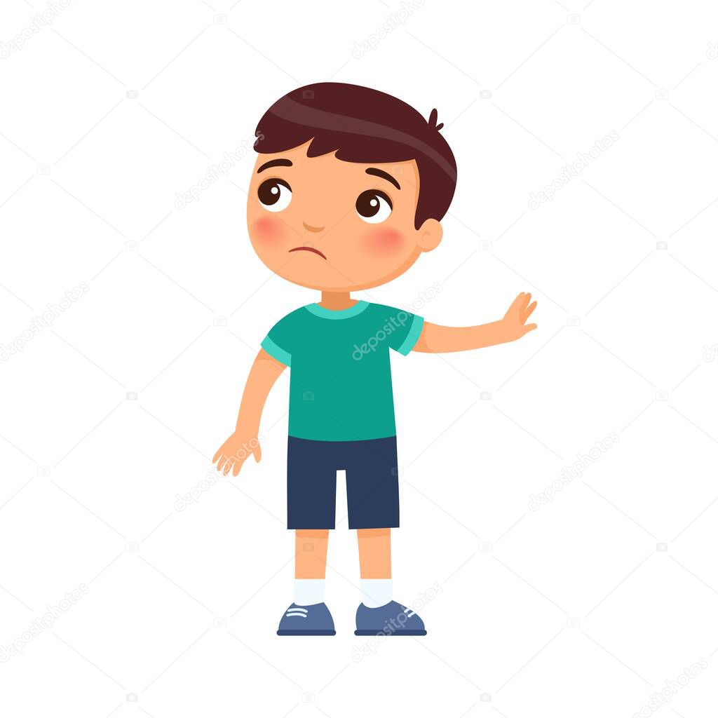 Displeased little boy shows refusal gesture. Naughty child, bad behavior. Child psychology. Cartoon character isolated on white background. Flat vector color illustration. 