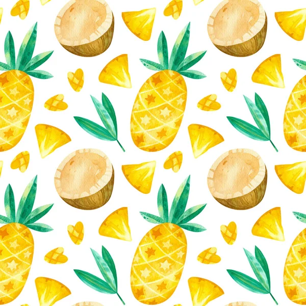 Ananas Und Kokosnüsse Zeichnen Nahtlose Muster Sommer Tropischen Früchten Handgezeichnete — Stockfoto