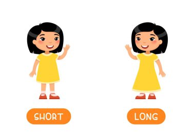 ShORT ve Long 'daki Asyalı kız tipografiyle resimleme yapıyor. Konseptin zıttı. Düz karakterli İngilizce dili öğrenmek için kelime kartı. Flashcard vektör şablonu.