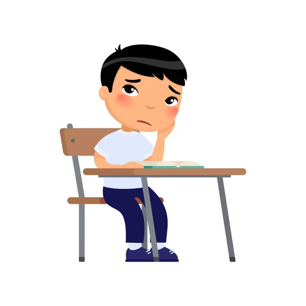 Sad Elementary School Student Flat Color Vector Illustration Unhappy Asian — Stock Vector