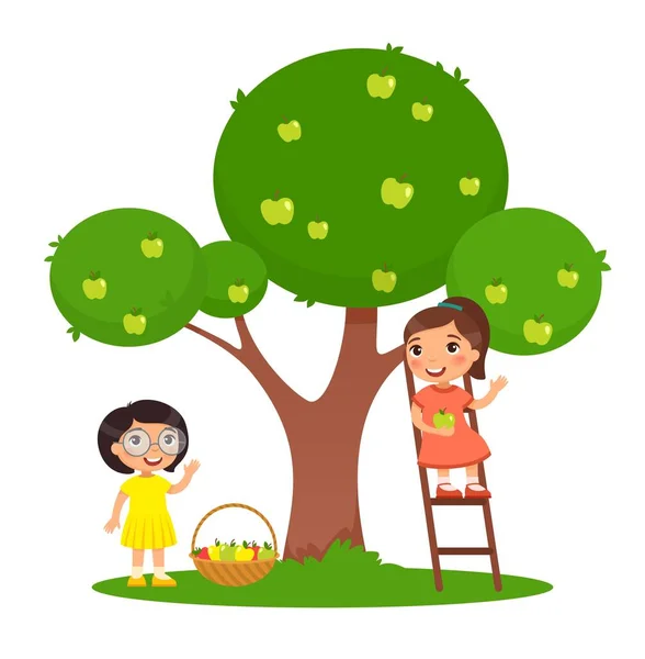 Los Niños Recogiendo Manzanas Ilustración Vector Plano Color Dos Niñas — Vector de stock