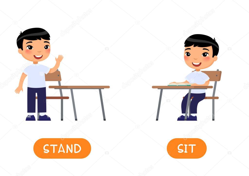 Opposites concept, STAND and SIT. Educational word card with schoolkid vector template. Flash card for foreign language with school student. Little asian schoolboy flat illustration with typography