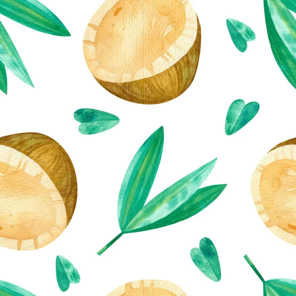 Kokosnötter Och Gröna Blad Teckningar Sömlösa Mönster Sommar Tropiska Frukter — Stockfoto