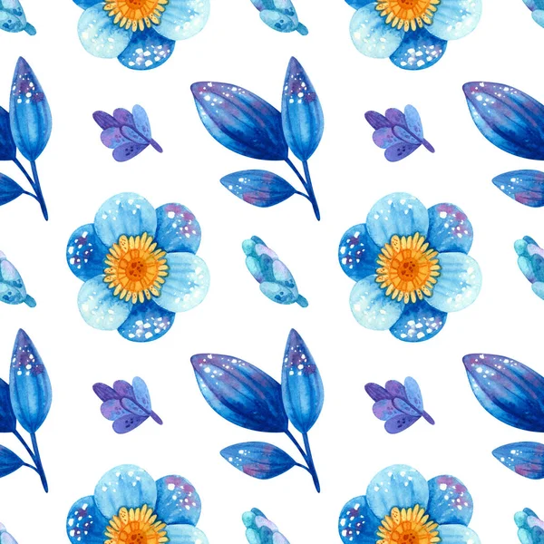 Modèle Sans Couture Avec Des Plantes Bleues Fleurs Feuilles Stylisées — Photo