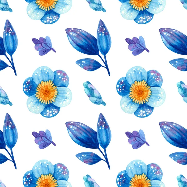 Patrón Sin Costuras Con Plantas Azules Flores Hojas Estilizadas Papel — Foto de Stock