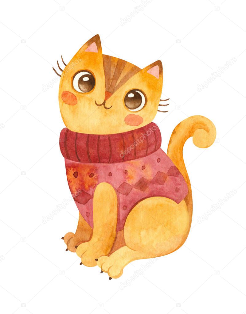 Cat in a knitted sweater. Cute kitten character. Mascot of goods for pets. Knitwear for cats. Winter postcard. Watercolor hand drawn illustration.