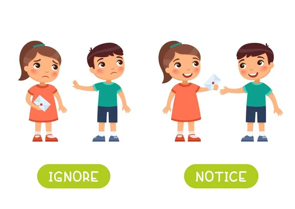 IGNORE ve Bilgilendirme karşıtlıkları kelime kartı vektör şablonu. İngilizce öğrenmek için flashcard. Konseptin zıttı. Küçük kız bir arkadaşına mektup verir.