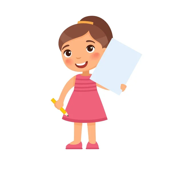 Kleines Lächelndes Mädchen Mit Leeren Papierblättern Flache Vektorillustration Nettes Schulmädchen — Stockvektor