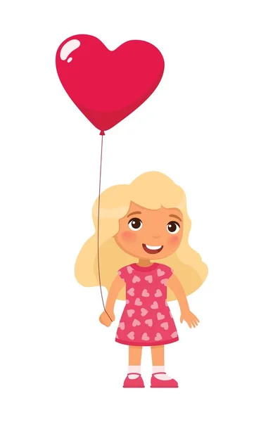 ハート型の風船平ベクトルイラストを持つ少女 バレンタインデーのお祝い ブロンドの子供のキャラクターを笑顔でプレゼント 2月14日休日孤立設計要素 — ストックベクタ