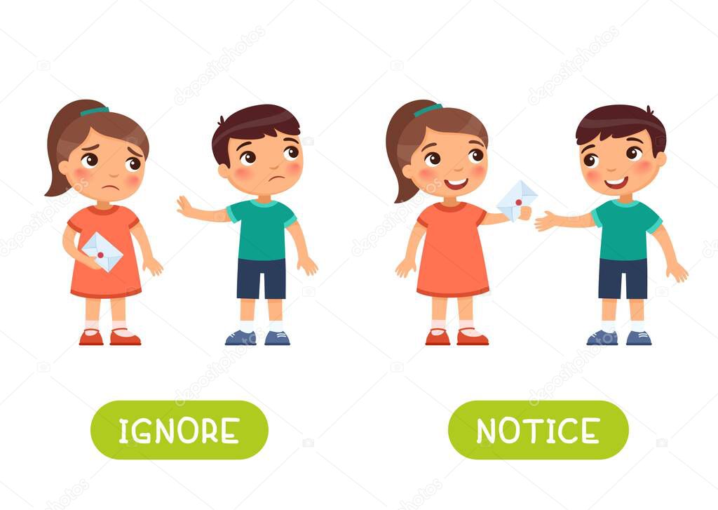 IGNORE and NOTICE antonyms word card vector template. Flashcard for english language learning. Opposites concept. Little girl gives a letter to a friend