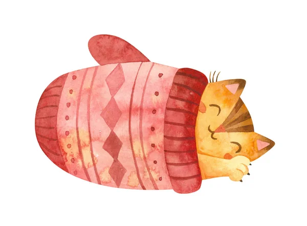 Katze Schläft Einem Großen Fäustling Nettes Kätzchen Weihnachten Charakter Winterpostkarte — Stockfoto