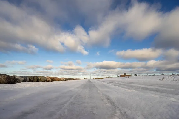 Mavi gökyüzünün altında kışın güzel karlı yol