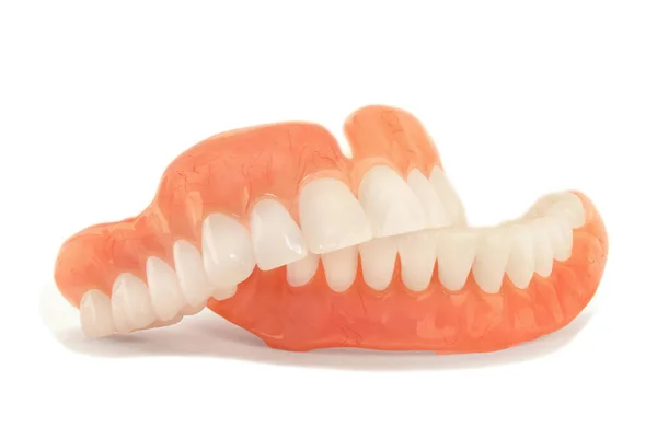 Zubní Protézy Izolujte Bílém Pozadí Akrylové Protézy Lidských Čelistí Koncept — Stock fotografie